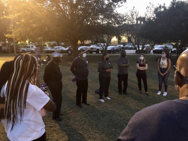 Parole Project clients and LSU students having a discussion panel on the Parade Grounds